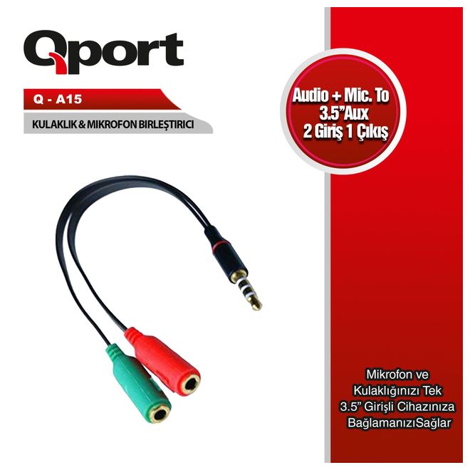 QPORT Q-A15 MİKROFON+KULAKLIK=>3,5mm RCA ERKEK