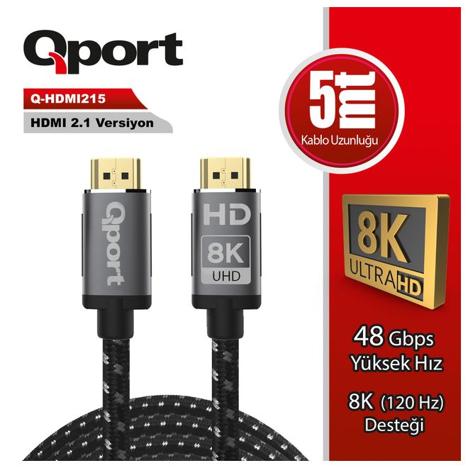 QPORT Q-HDMI215 5m HDMI 2.1V 8K ALTIN UÇLU ÖRGÜLÜ