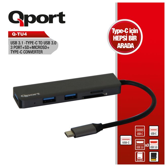 Q-PORT Q-TU4 TYPE C=>USB3.0+SD+MSD+TYPE C(D)ÇEVİRİ