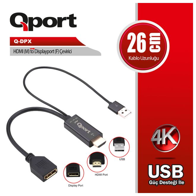 QPORT Q-DPX HDMI(M) =>DISPLAY PORT(F)  ÇEVİRİCİ