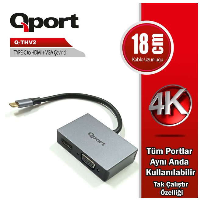 QPORT Q-THV2 TYPE-C=>HDMI+VGA ÇEVİRİCİ