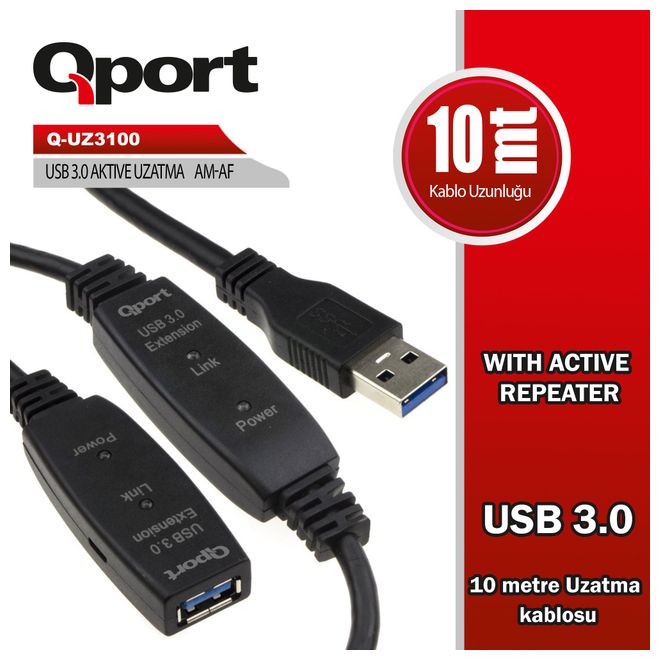 QPORT Q-UZ3100 10m USB3.0 UZATMA KABLOSU,REPATERLI