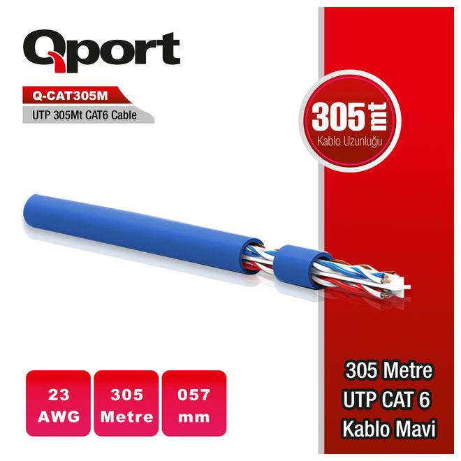 QPORT Q-CAT6M 305m CAT6 KABLO,23AWG,0.57mm,MAVİ