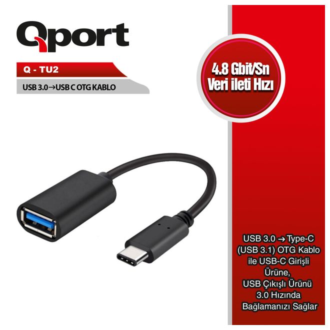 Qport Q-TU2 15cm USB C=> USB3.0 OTG 5Gbps çevirici