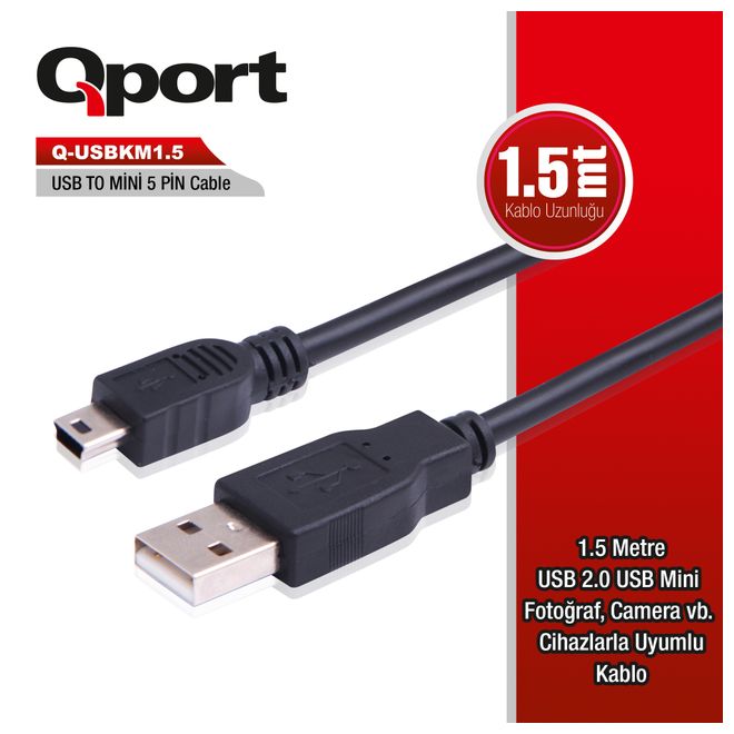 QPORT Q-USBKM1.5 1,5m USB2.0 A E/USB MİNİ B(5PIN)E