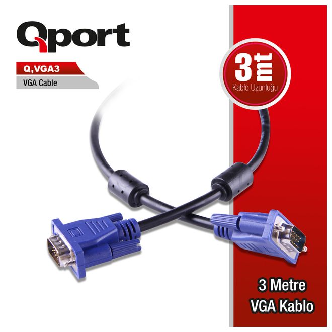 QPORT Q-VGA3 3,0m VGA (Monitör)KABLOSU ,FİLTRELİ