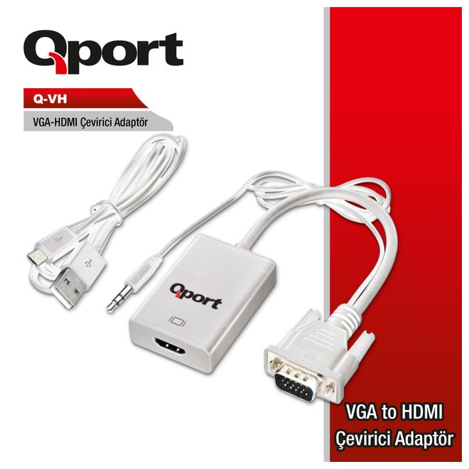 QPORT Q-VH VGA E=>HDMI D ÇEVİRİCİ+ SES KABLOLARI